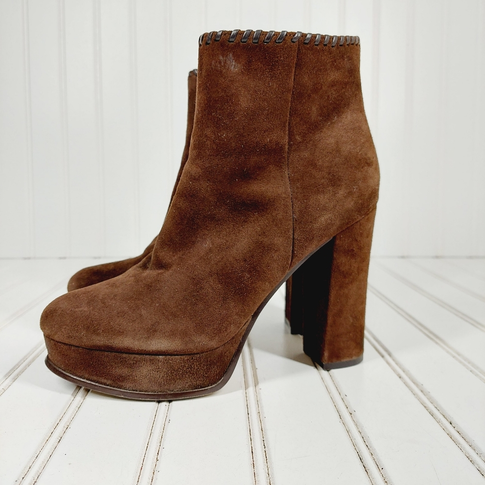 Marc Fisher Natasia Brown Suede Leather Heeled Platform Ankle Booties I646